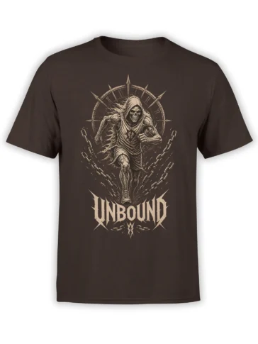 Brown T-shirt featuring a hooded grim reaper, broken chains, Roman numeral clock, and UNBOUND lettering