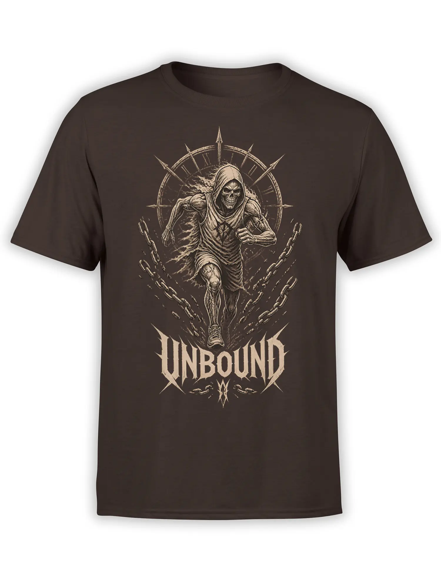 Brown T-shirt featuring a hooded grim reaper, broken chains, Roman numeral clock, and UNBOUND lettering