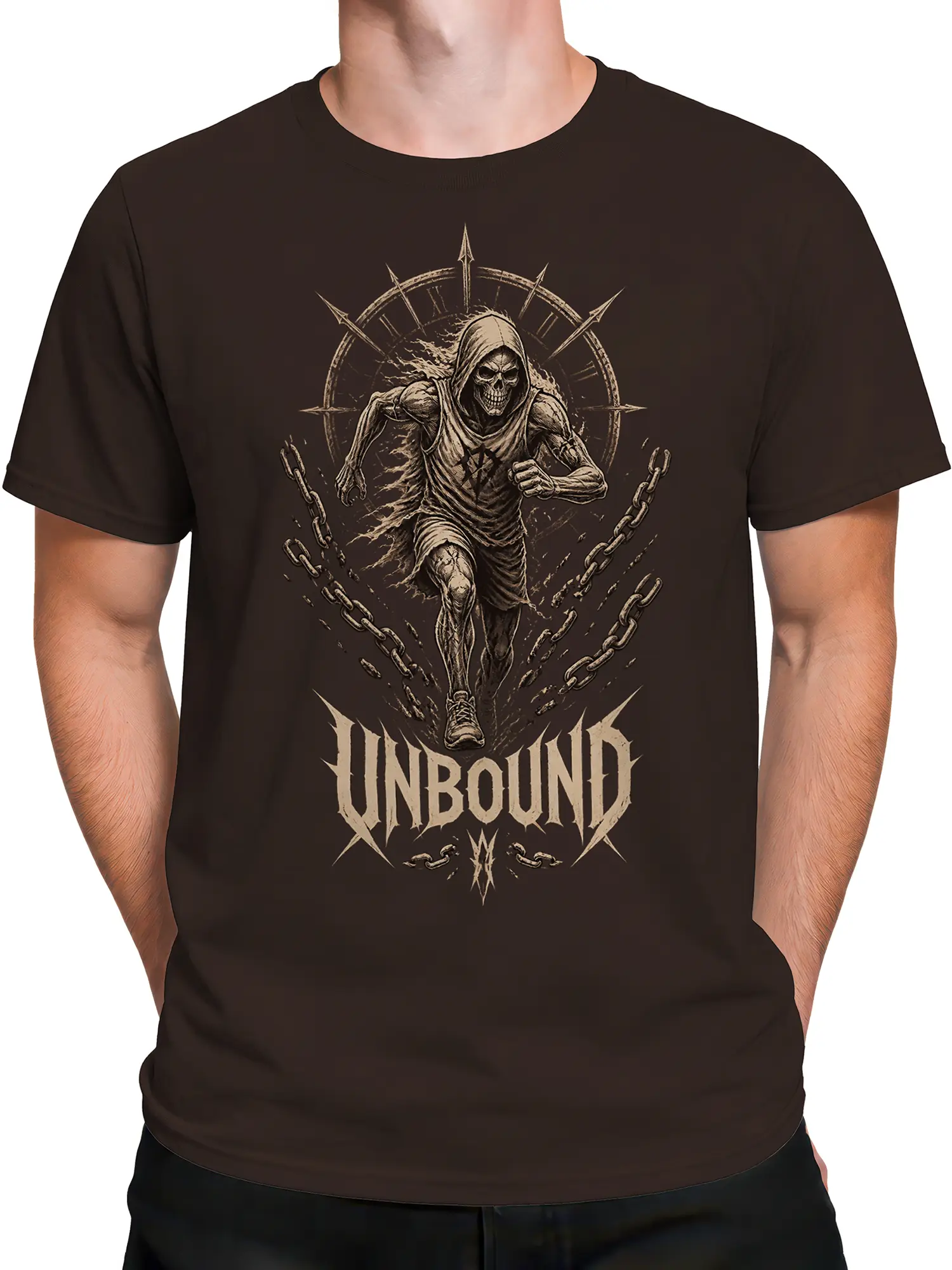 Male torso wearing a brown grim reaper T-shirt with chains, clock face, and UNBOUND lettering