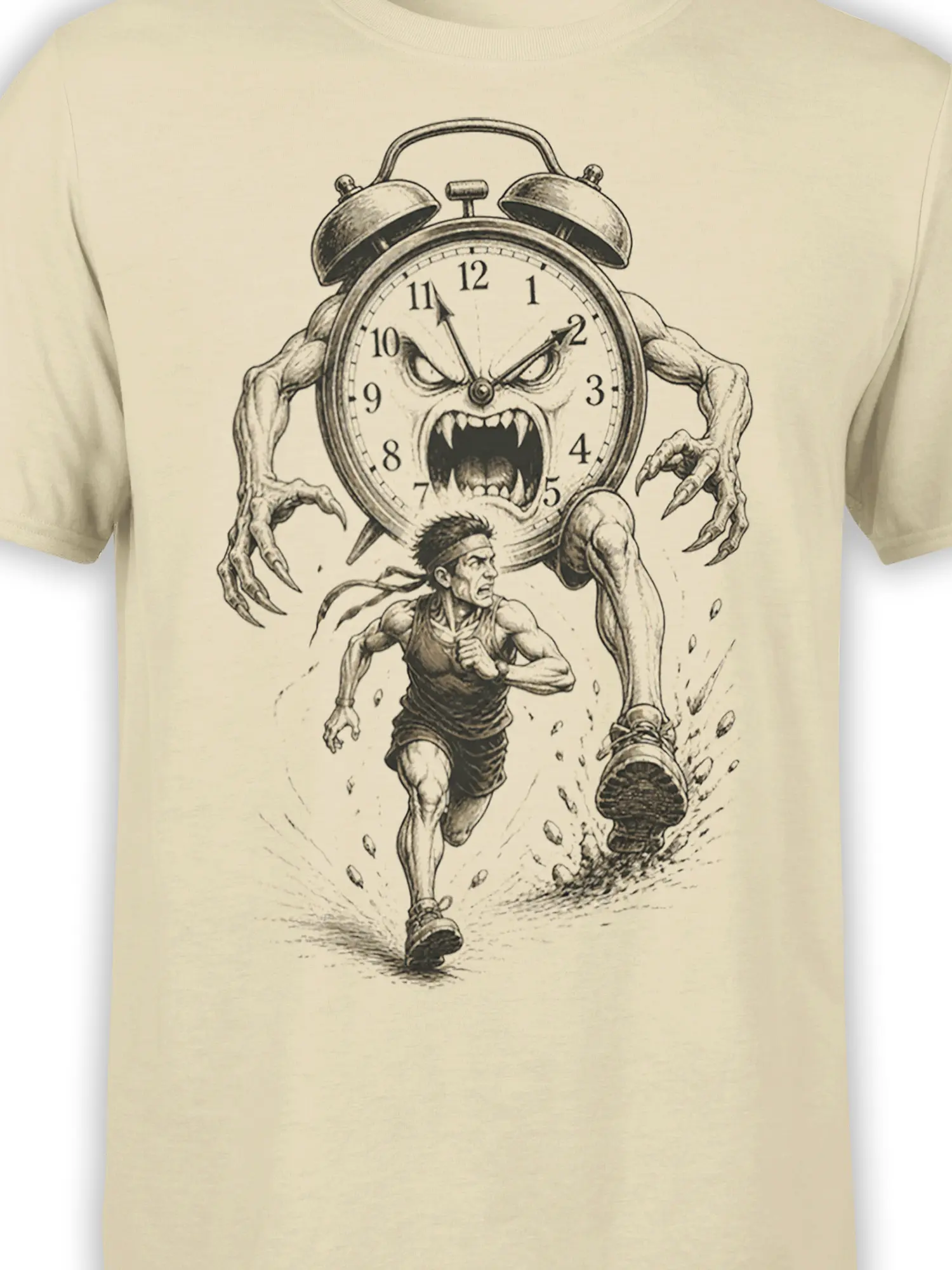close-up of snarling alarm clock monster and runner graphic on beige T-shirt