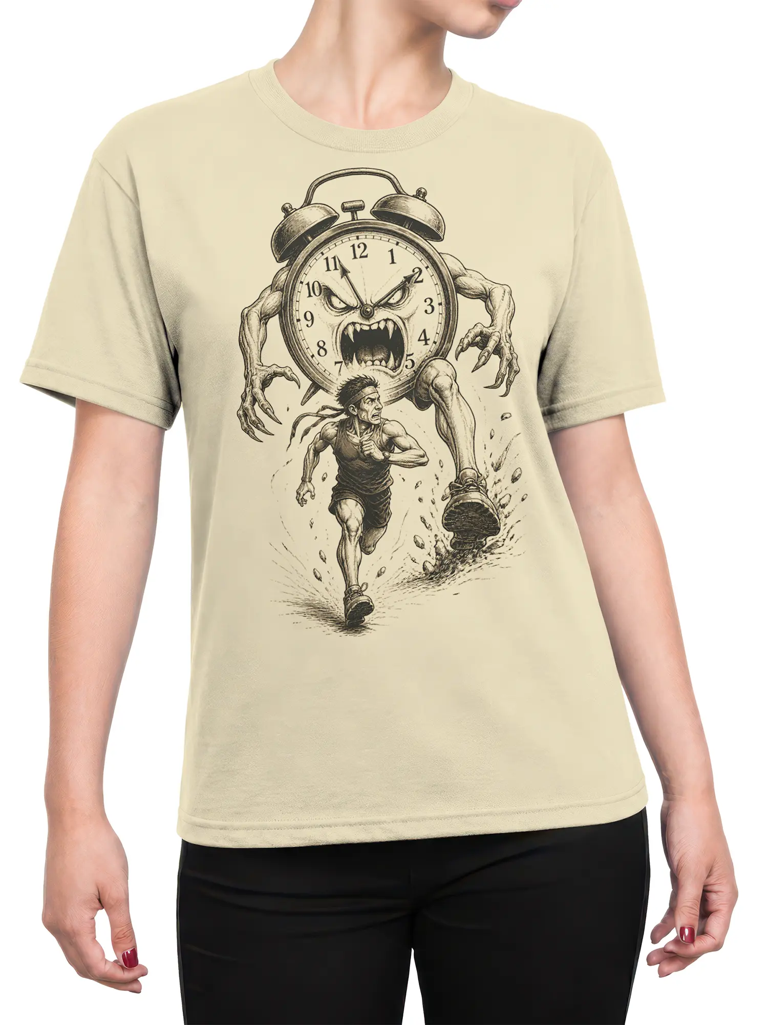 female torso wearing beige T-shirt with alarm clock monster and runner design
