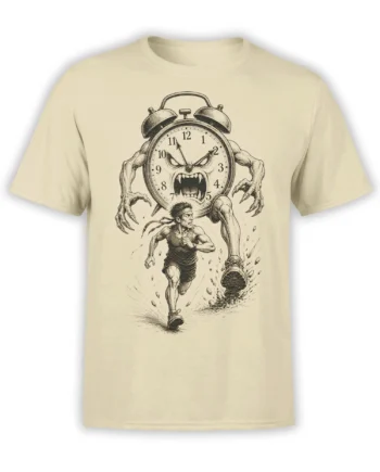 vintage alarm clock monster chasing a determined runner on a beige T-shirt