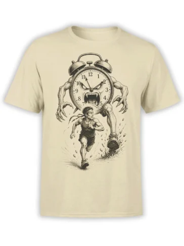 vintage alarm clock monster chasing a determined runner on a beige T-shirt