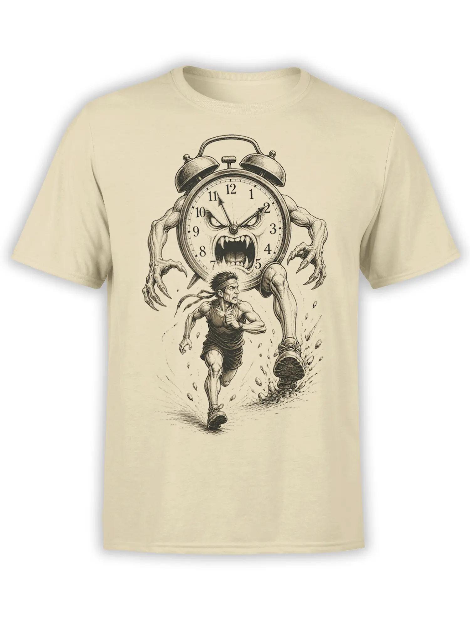 vintage alarm clock monster chasing a determined runner on a beige T-shirt