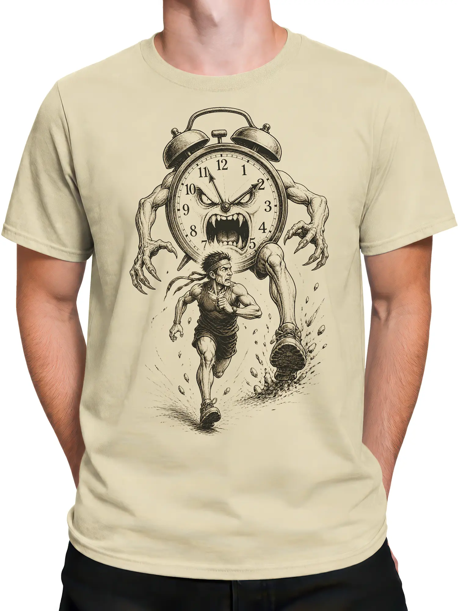 male torso wearing beige T-shirt with vintage clock monster runner artwork
