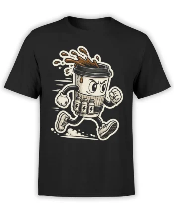 Black T-shirt with a vintage comic coffee cup superhero, coffee splash, fists, sneakers, and lightning-marked bottles