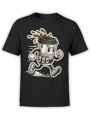 Black T-shirt with a vintage comic coffee cup superhero, coffee splash, fists, sneakers, and lightning-marked bottles