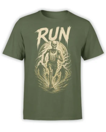 Olive green T-shirt with a vintage skeleton runner, ghostly figures, bold RUN text, and number 13