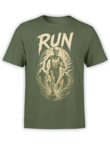 Olive green T-shirt with a vintage skeleton runner, ghostly figures, bold RUN text, and number 13