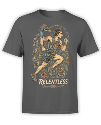 Gray T-shirt with a colorful peacock, ornate figure, feather details, and RELENTLESS lettering