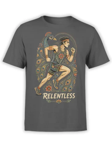 Gray T-shirt with a colorful peacock, ornate figure, feather details, and RELENTLESS lettering