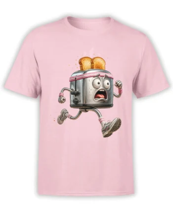 Pink T-shirt with a running toaster character, toast slices, sneakers, and a startled cartoon expression