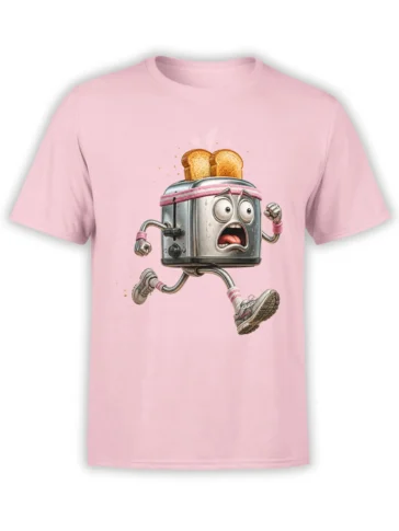 Pink T-shirt with a running toaster character, toast slices, sneakers, and a startled cartoon expression