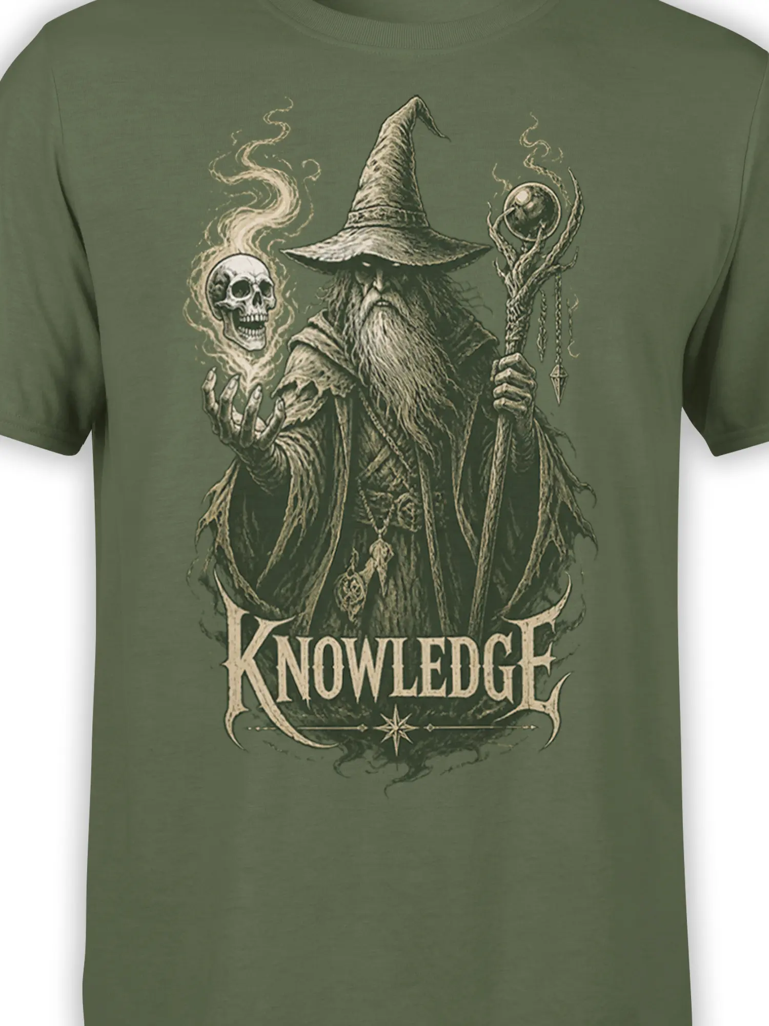 Close-up of wizard, skull, orb, staff, and KNOWLEDGE design printed on a green fantasy T-shirt