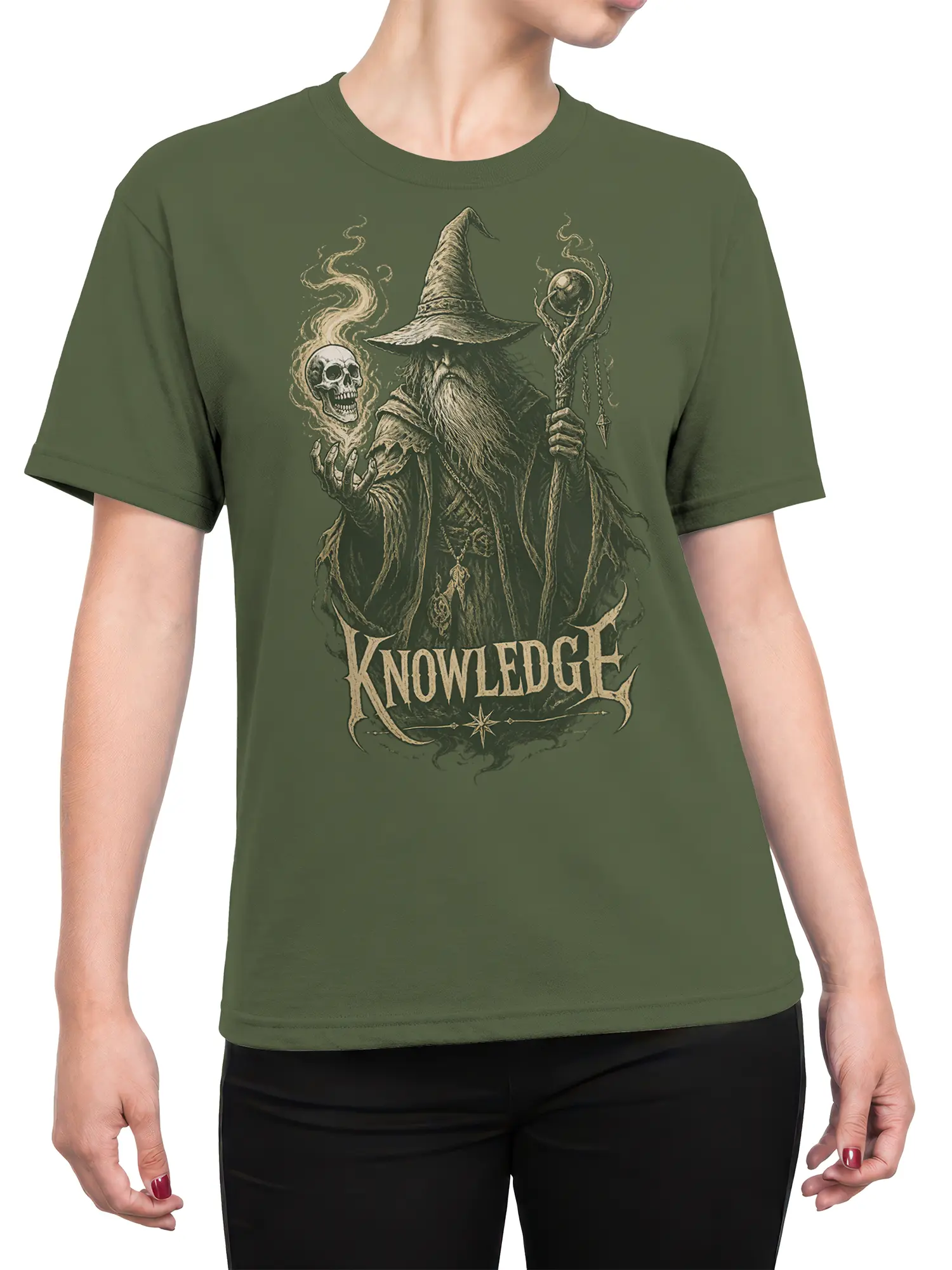 Female torso wearing a green fantasy T-shirt with a wizard, skull, orb, and KNOWLEDGE artwork