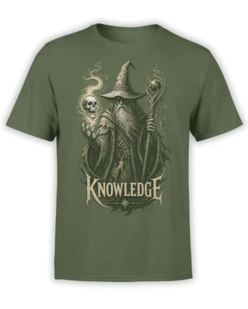 Green fantasy T-shirt with a bearded wizard, staff, orb, skull, and KNOWLEDGE lettering