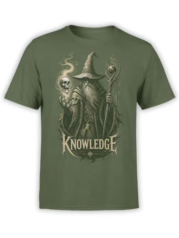 Green fantasy T-shirt with a bearded wizard, staff, orb, skull, and KNOWLEDGE lettering