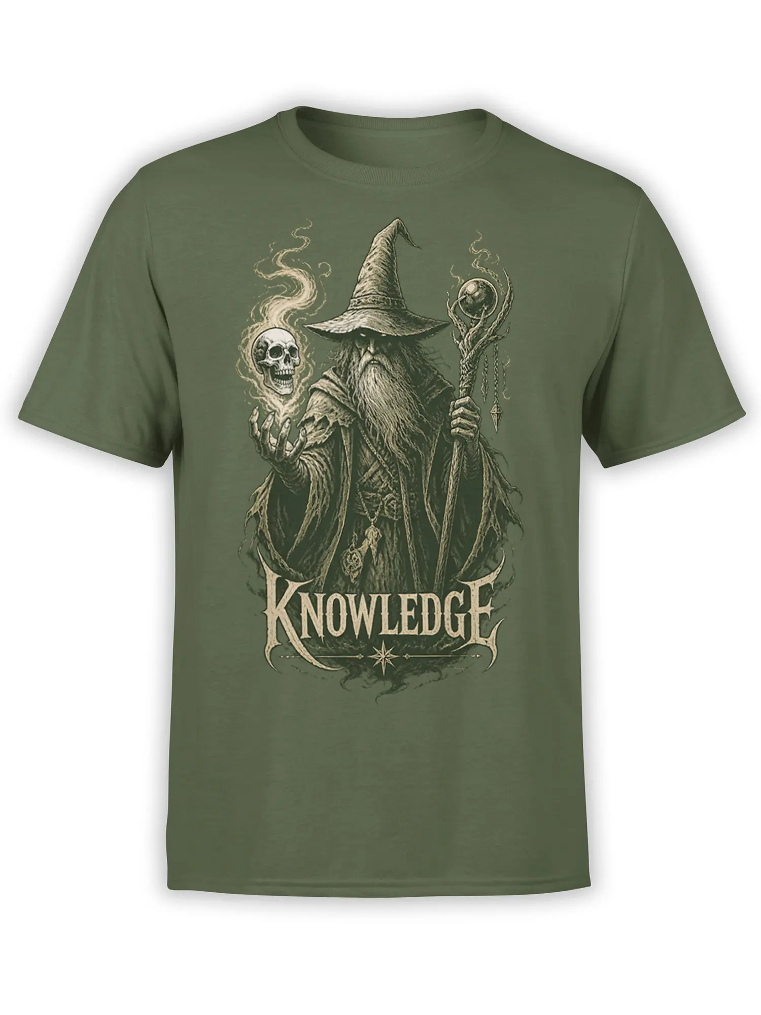 Green fantasy T-shirt with a bearded wizard, staff, orb, skull, and KNOWLEDGE lettering