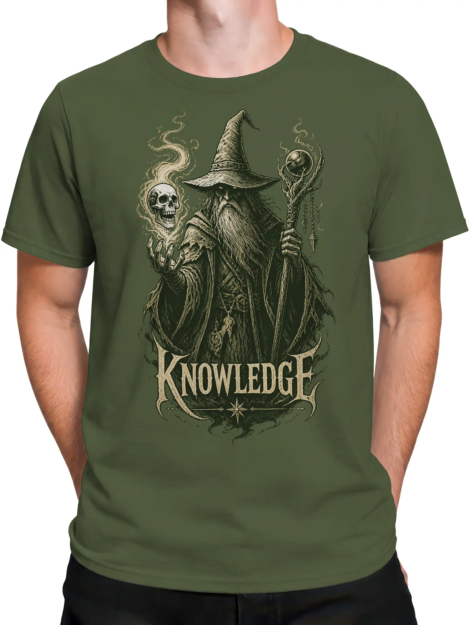 Male torso wearing a green wizard fantasy T-shirt with skull, staff, orb, and KNOWLEDGE design