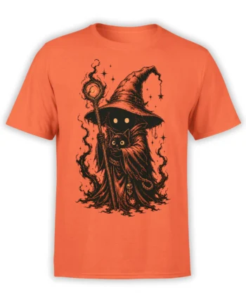 Orange cat t-shirt with a robed mage, black cat familiar, magical staff, stars, and swirling smoke