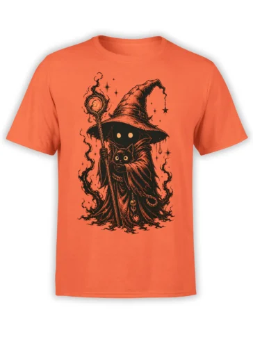 Orange cat t-shirt with a robed mage, black cat familiar, magical staff, stars, and swirling smoke