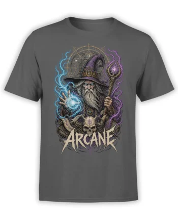 Gray fantasy T-shirt with a bearded wizard, glowing magic, skull, staff, and bold ARCANE lettering