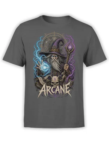 Gray fantasy T-shirt with a bearded wizard, glowing magic, skull, staff, and bold ARCANE lettering
