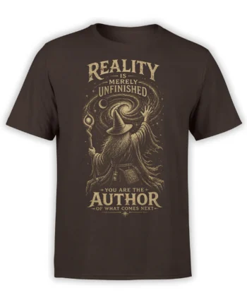 Brown wizard fantasy T-shirt with a galaxy swirl and the message You Are the Author of What Comes Next