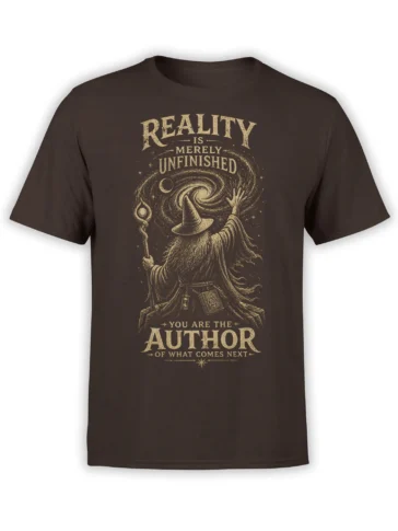Brown wizard fantasy T-shirt with a galaxy swirl and the message You Are the Author of What Comes Next