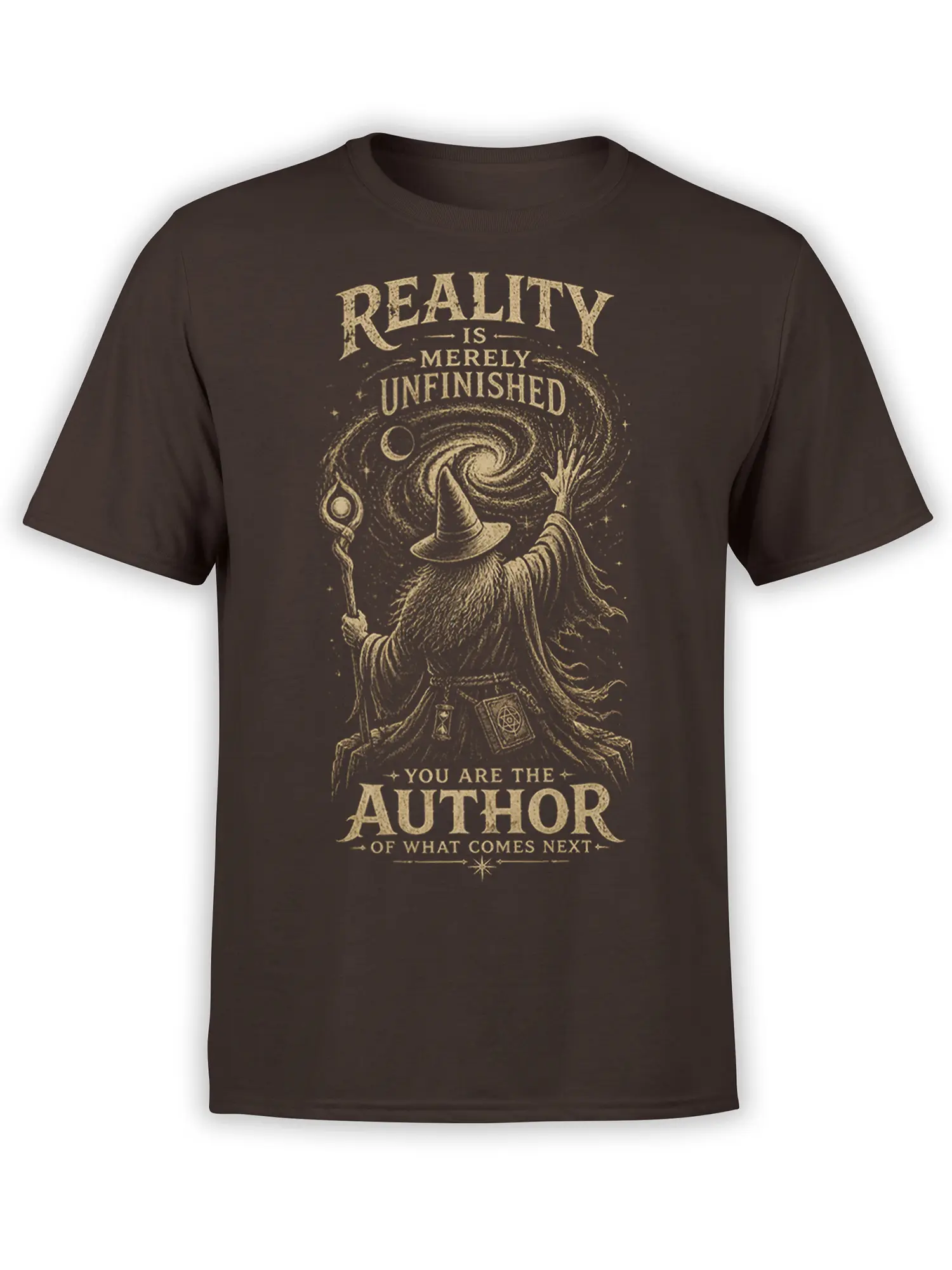 Brown wizard fantasy T-shirt with a galaxy swirl and the message You Are the Author of What Comes Next