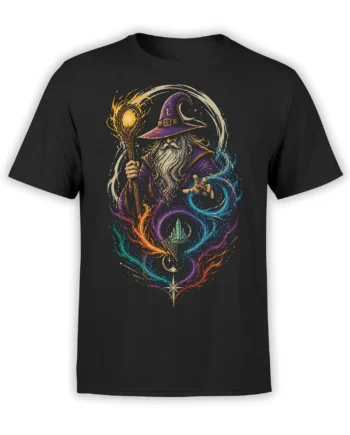 Black fantasy T-shirt with a bearded wizard, purple hat, glowing staff, crystal, moon, and colorful elemental magic