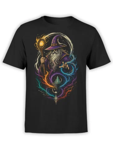 Black fantasy T-shirt with a bearded wizard, purple hat, glowing staff, crystal, moon, and colorful elemental magic