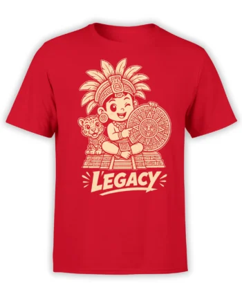 Red Legacy jaguar T-shirt with a feathered figure, spotted cat, circular emblem, and cream artwork