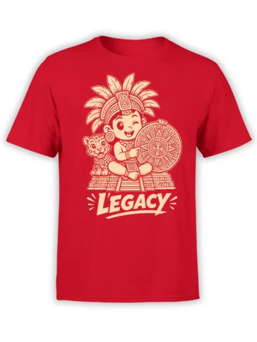 Red Legacy jaguar T-shirt with a feathered figure, spotted cat, circular emblem, and cream artwork