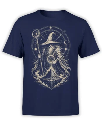 Vintage wizard holding a glowing orb and staff with a mountain and celestial chart on a navy shirt