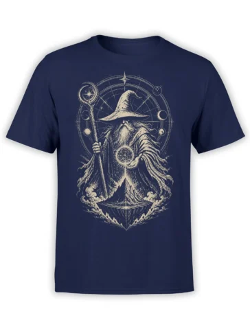 Vintage wizard holding a glowing orb and staff with a mountain and celestial chart on a navy shirt