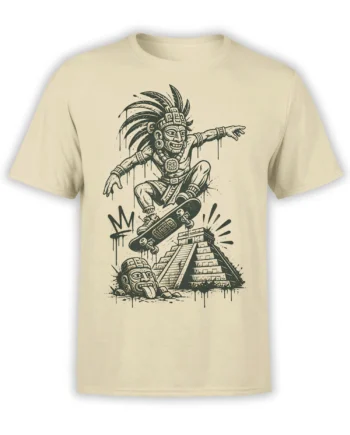 Beige skateboard T-shirt with a feathered Mesoamerican-inspired figure, pyramid, and carved face artwork