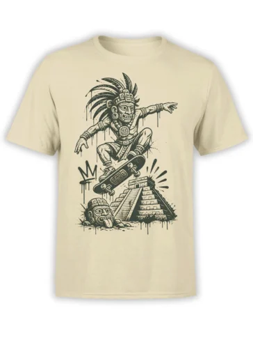 Beige skateboard T-shirt with a feathered Mesoamerican-inspired figure, pyramid, and carved face artwork