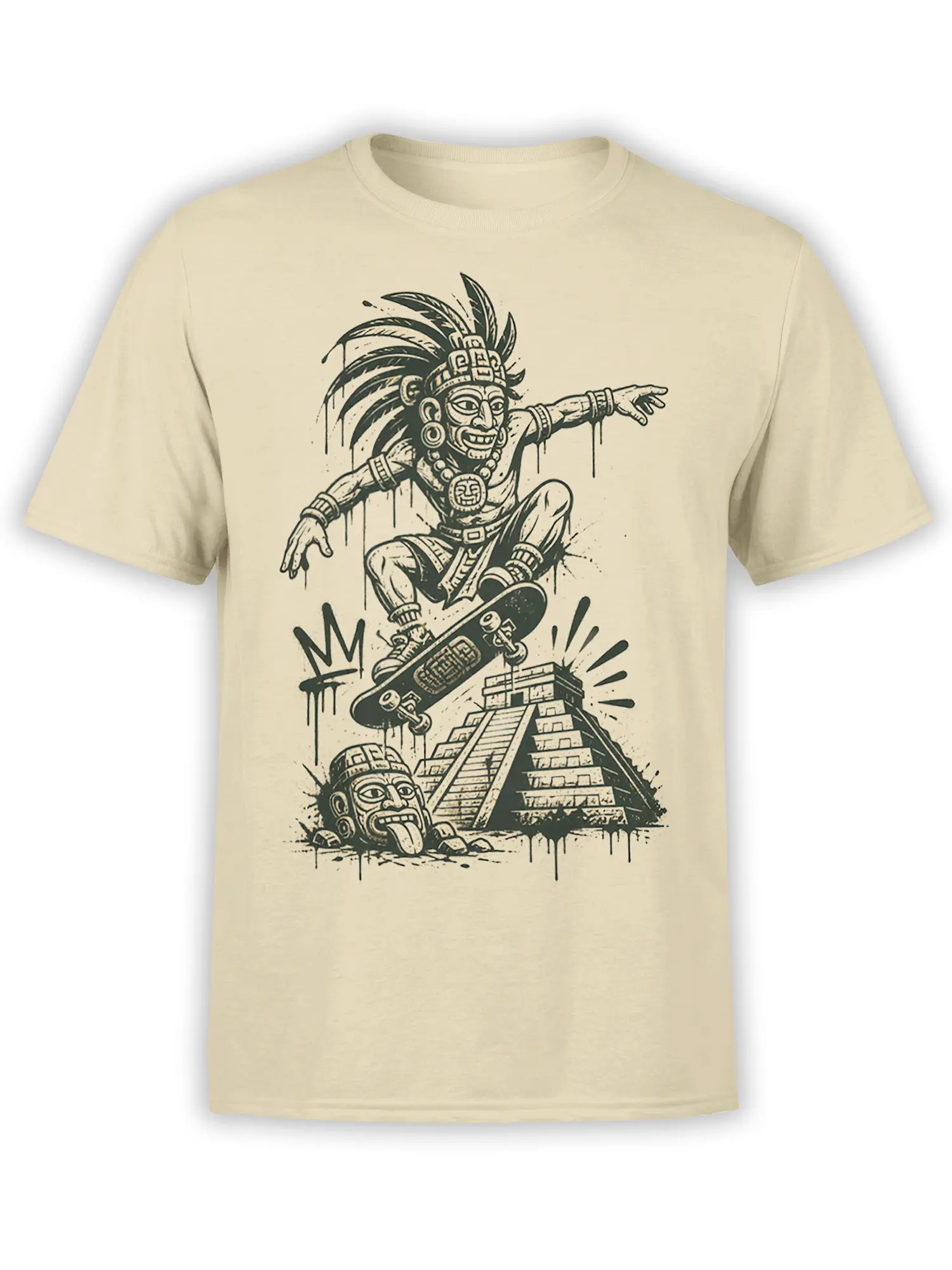 Beige skateboard T-shirt with a feathered Mesoamerican-inspired figure, pyramid, and carved face artwork