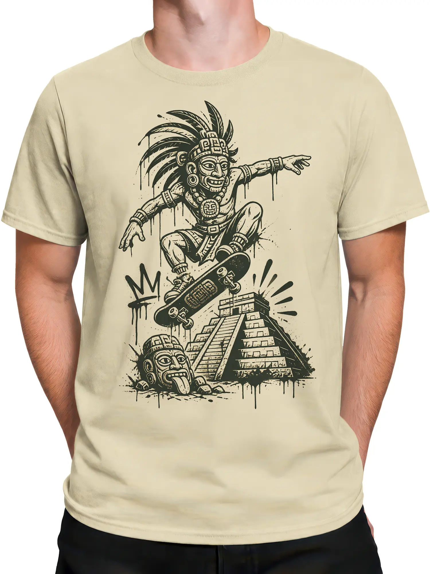 Male torso wearing a beige skateboard T-shirt with pyramid and feathered figure graphic