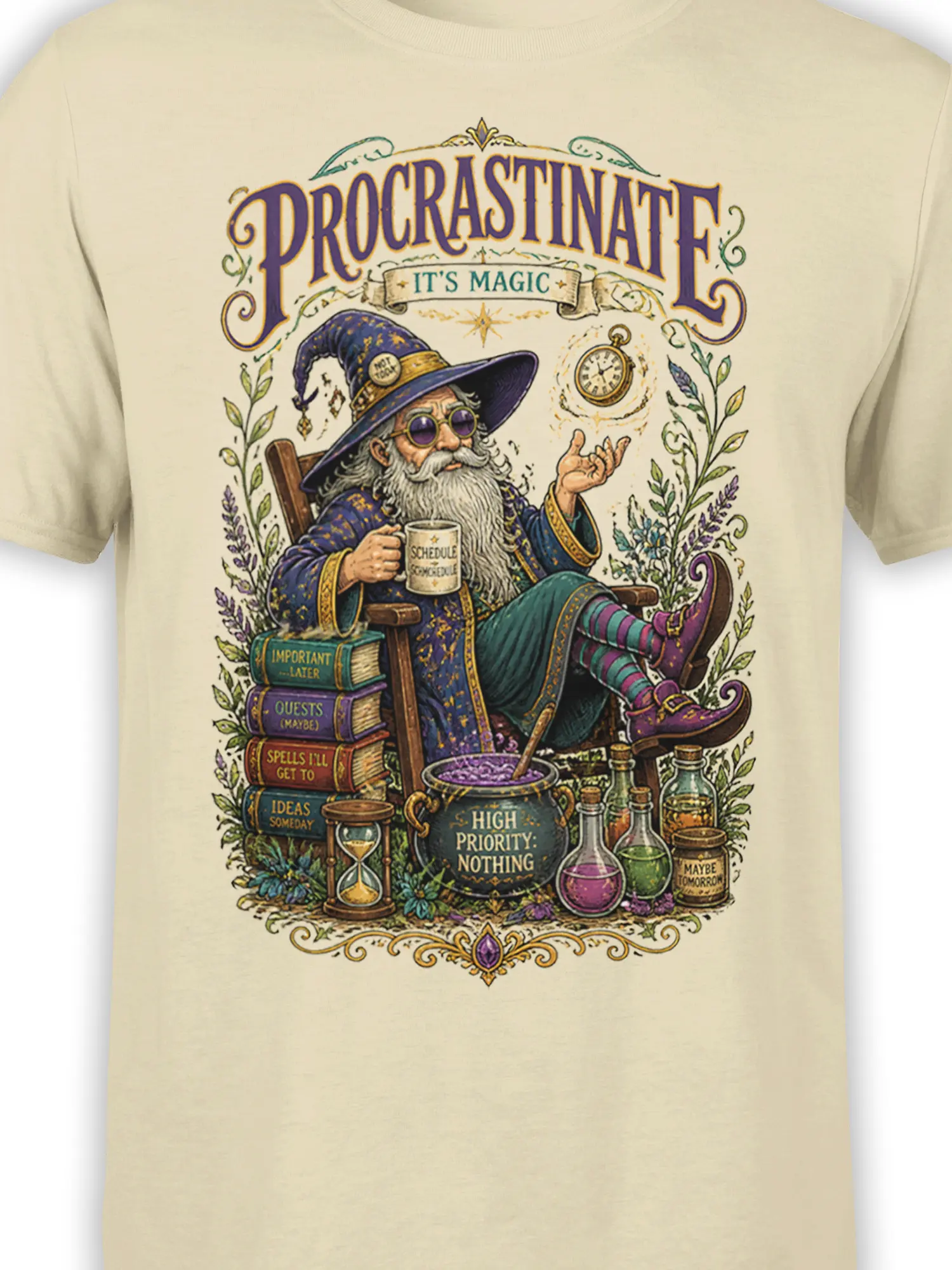 Close-up of vintage wizard artwork with purple glasses, magic books, potions, and procrastination text on beige fabric