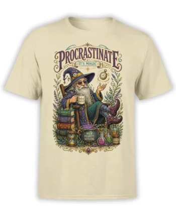Beige T-shirt with a vintage wizard, magical books, potions, and the word Procrastinate in bold lettering