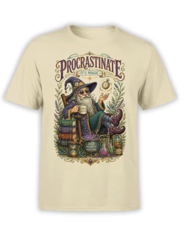 Beige T-shirt with a vintage wizard, magical books, potions, and the word Procrastinate in bold lettering