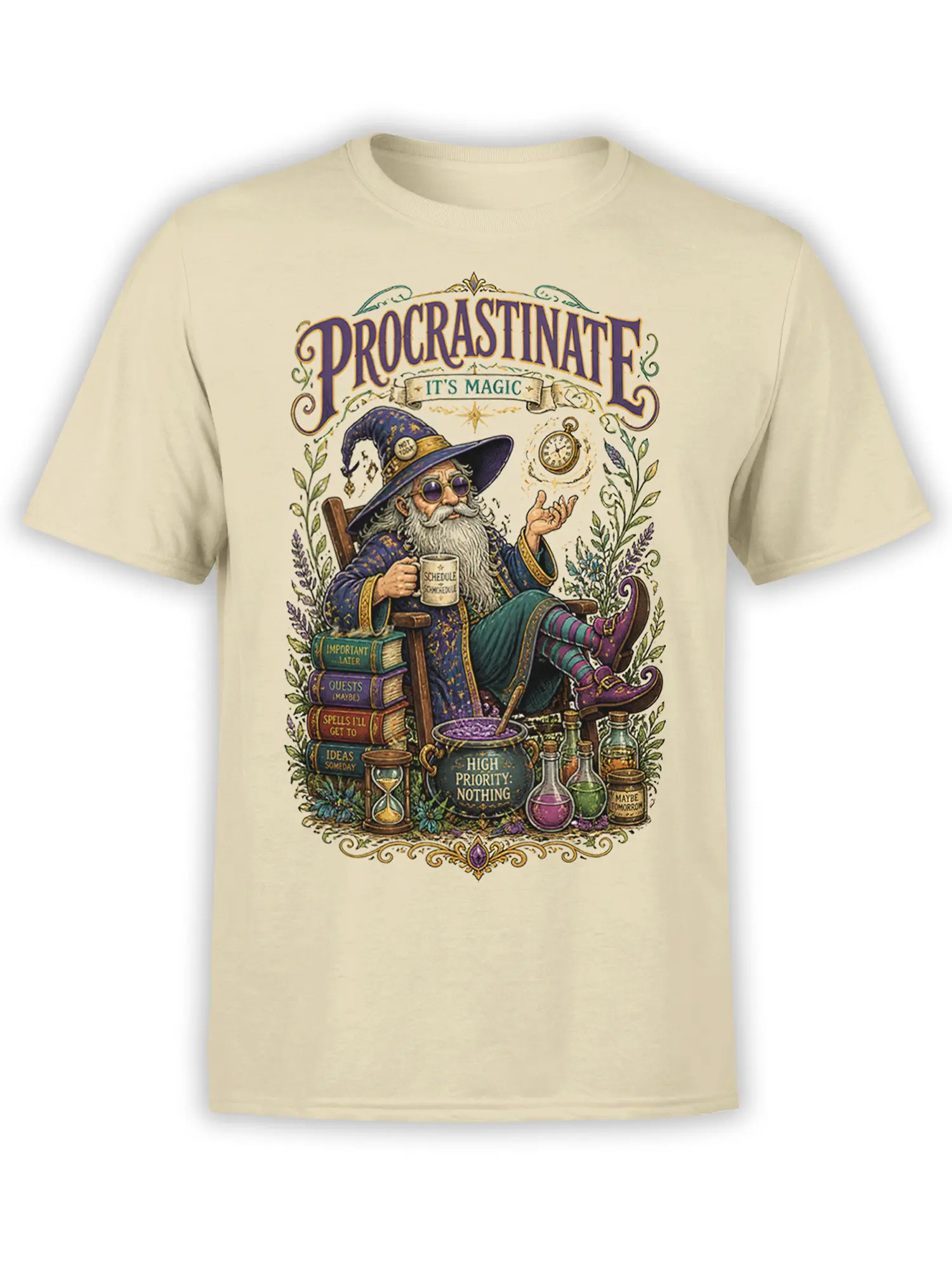 Beige T-shirt with a vintage wizard, magical books, potions, and the word Procrastinate in bold lettering