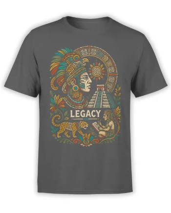 Gray T-shirt with an ancient-inspired warrior, temple, sun symbol, jaguar, and bold LEGACY artwork