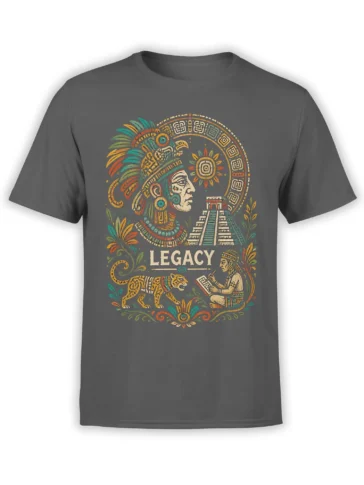 Gray T-shirt with an ancient-inspired warrior, temple, sun symbol, jaguar, and bold LEGACY artwork