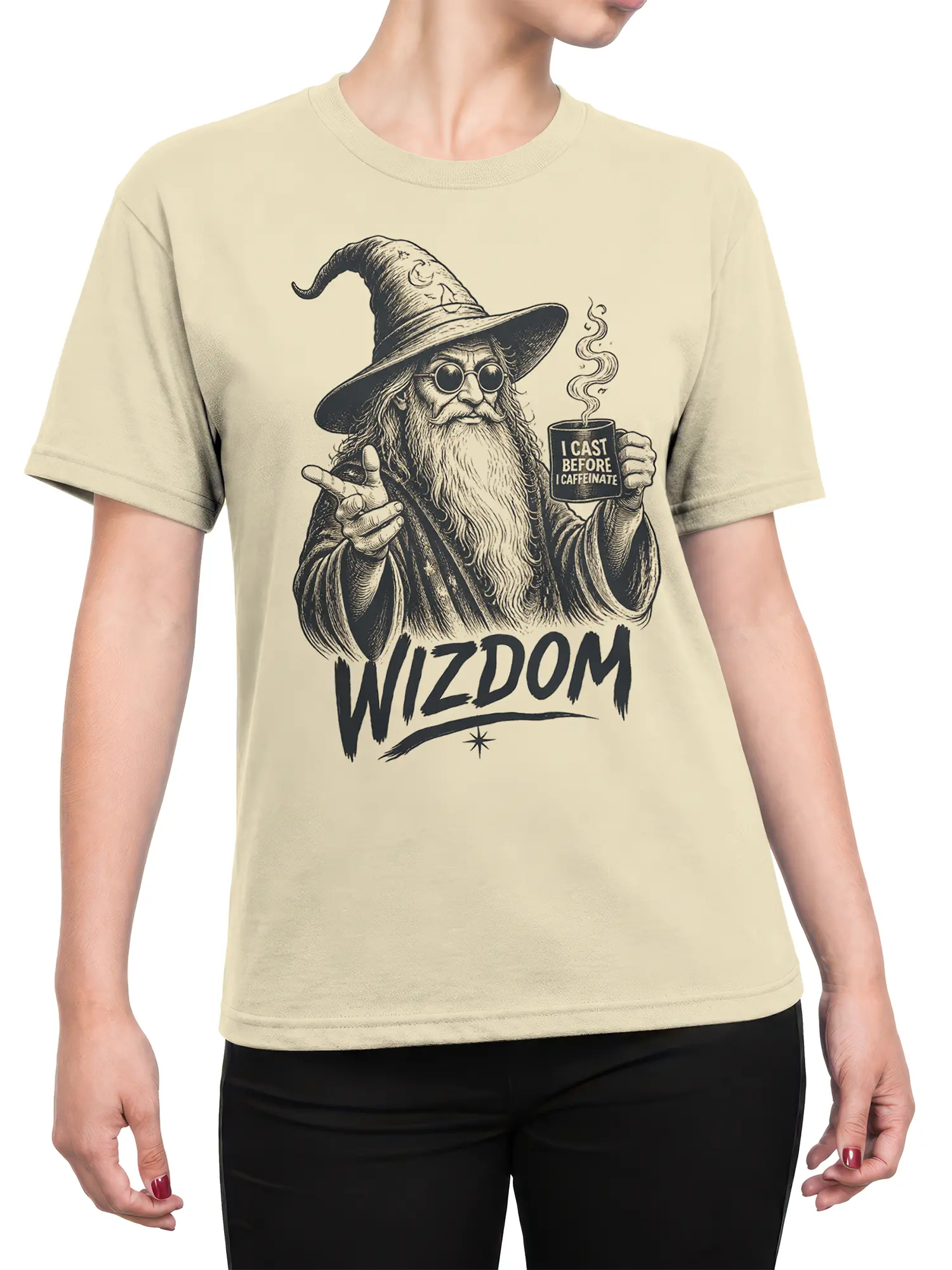 Female torso wearing a beige wizard coffee T-shirt with a steaming mug and caffeine message