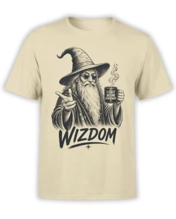 Beige coffee T-shirt with a bearded wizard, steaming mug, and “I CAST BEFORE I CAFFEINATE” design