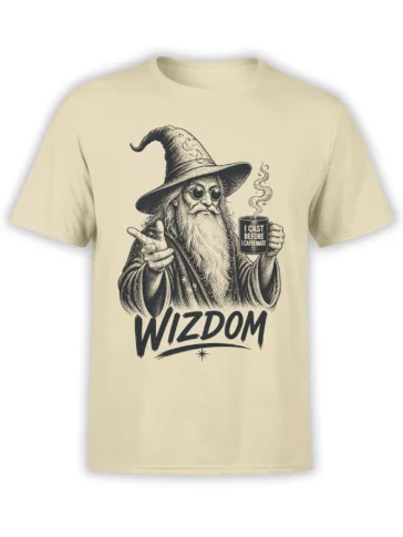 Beige coffee T-shirt with a bearded wizard, steaming mug, and “I CAST BEFORE I CAFFEINATE” design