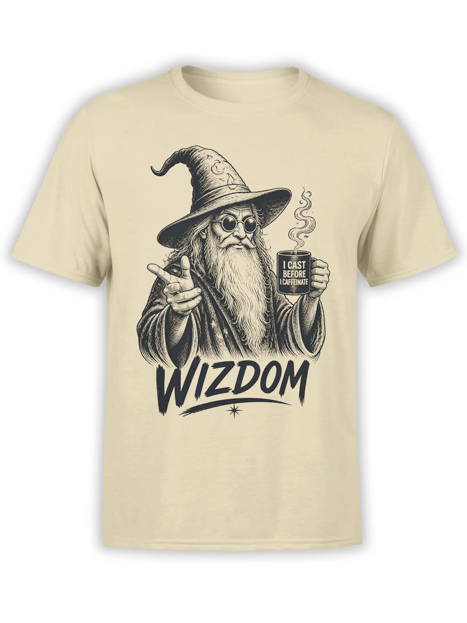 Beige coffee T-shirt with a bearded wizard, steaming mug, and “I CAST BEFORE I CAFFEINATE” design